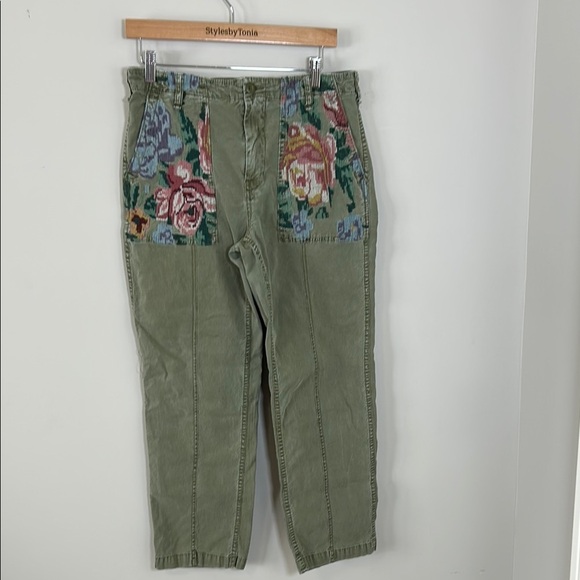 Anthropologie Relaxed Embroidered Trousers Olive Green Relaxed Pockets Sz 28 - Picture 4 of 16